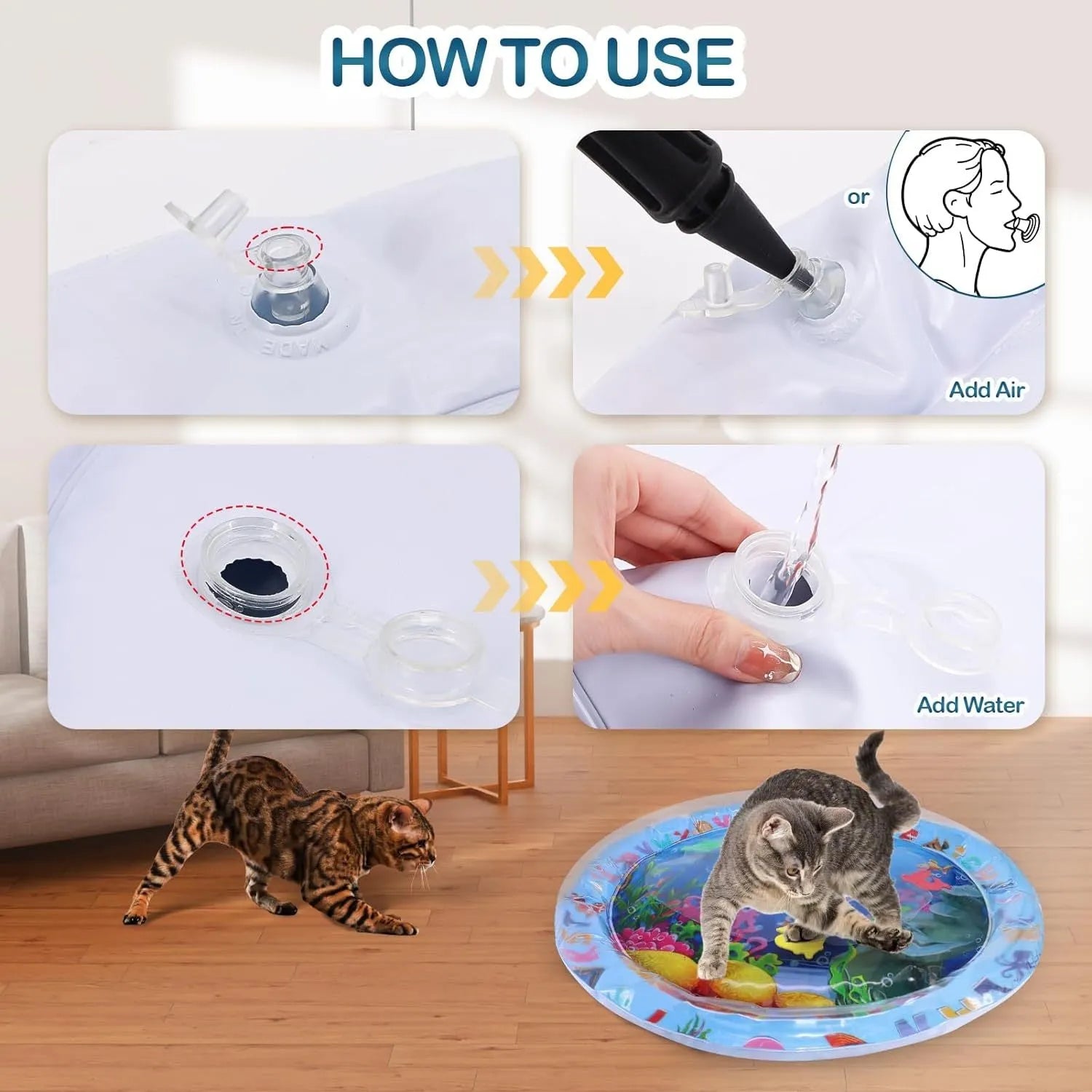 Square blue water playmat for cats on a floor, showing inflated edges and floating fish toys inside.