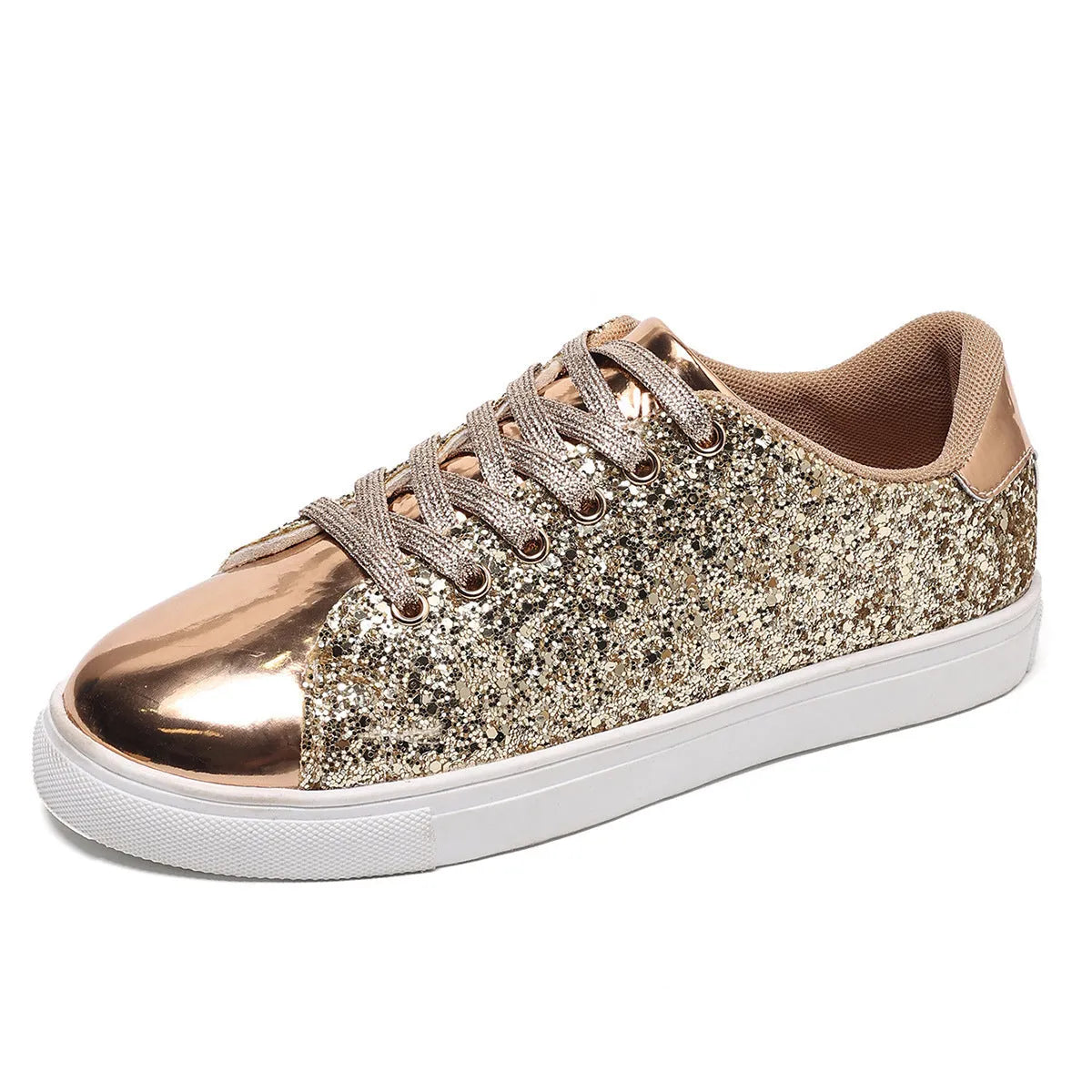 Women's black plus size board shoes with sequin detailing and white front lace-up fastening on a rubber sole.