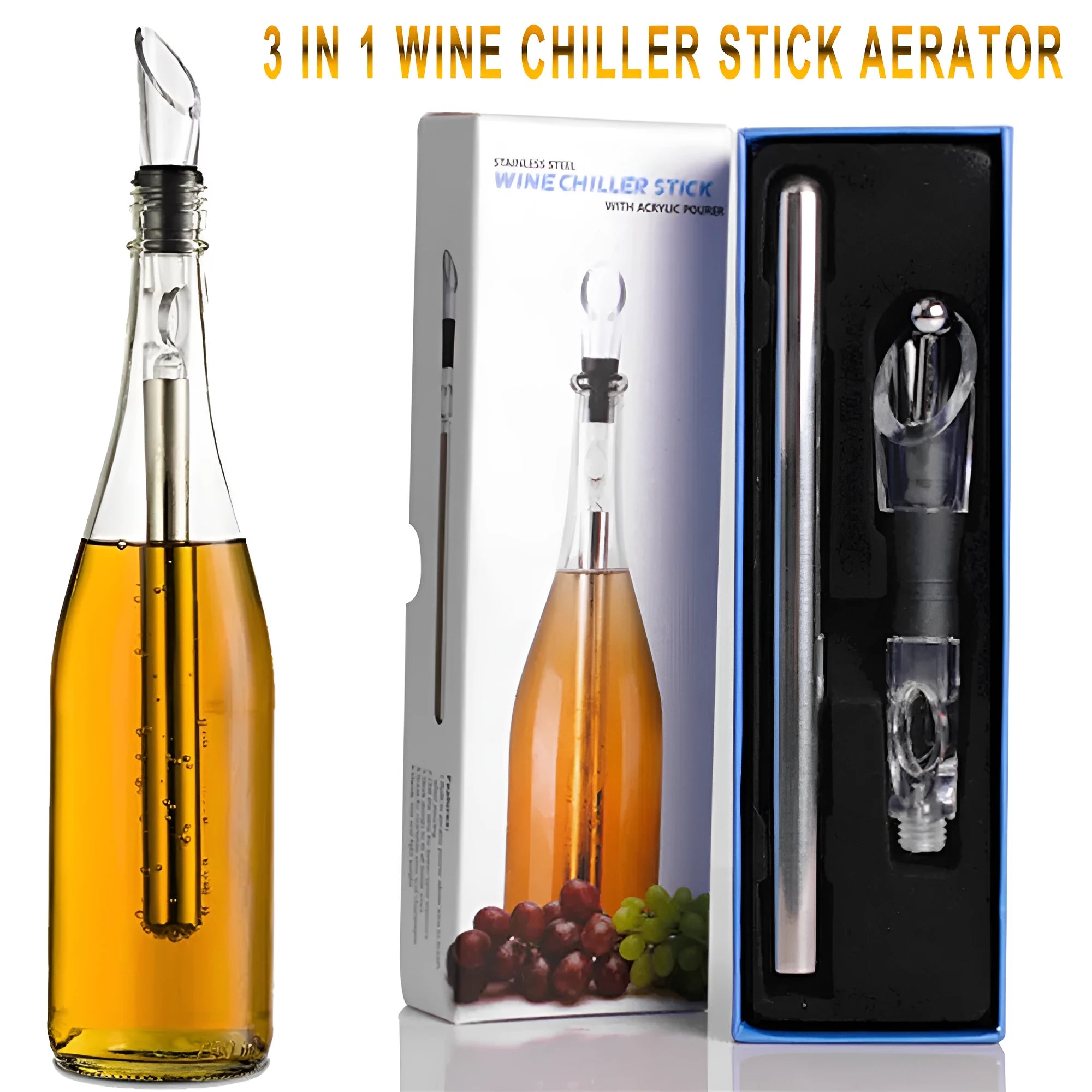 Stainless steel wine bottle cooler stick with acrylic pourer, shown in silver finish.