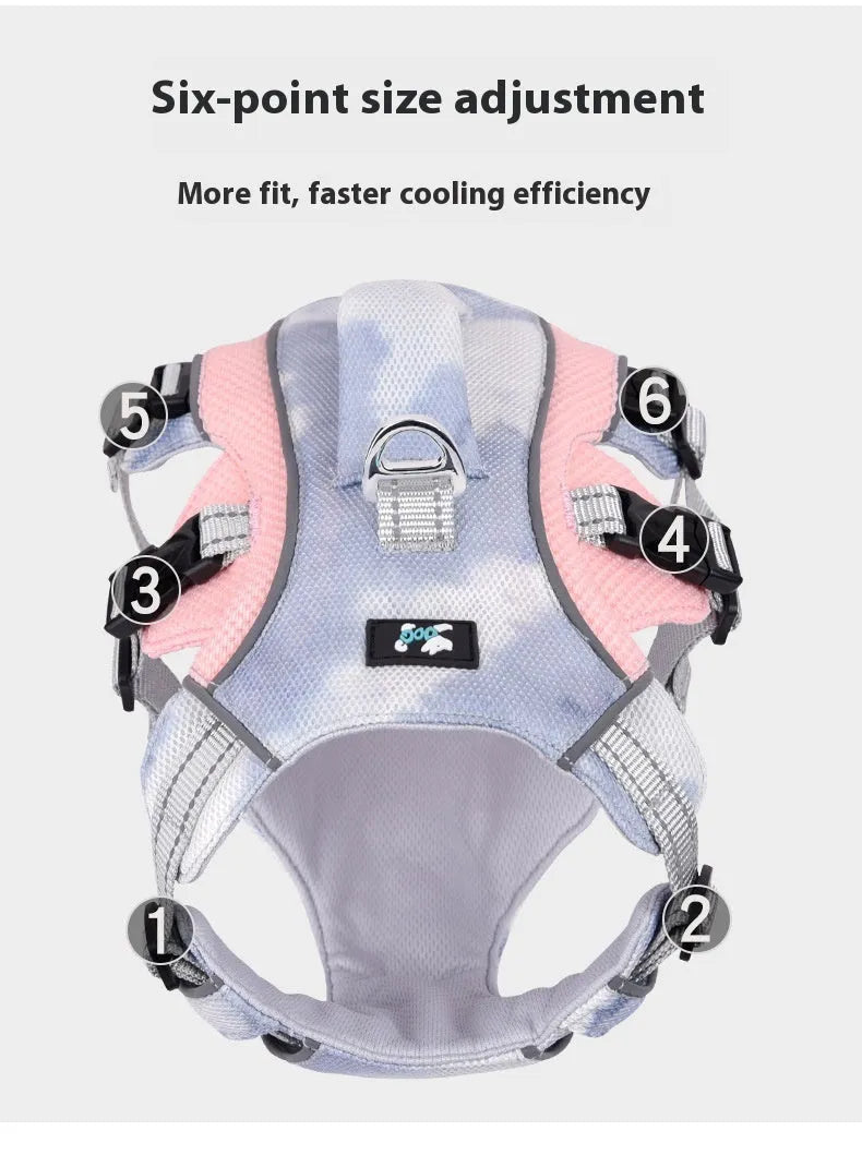 Reflective pet cooling chest strap harness in light blue, pink, dark blue, or orange colours