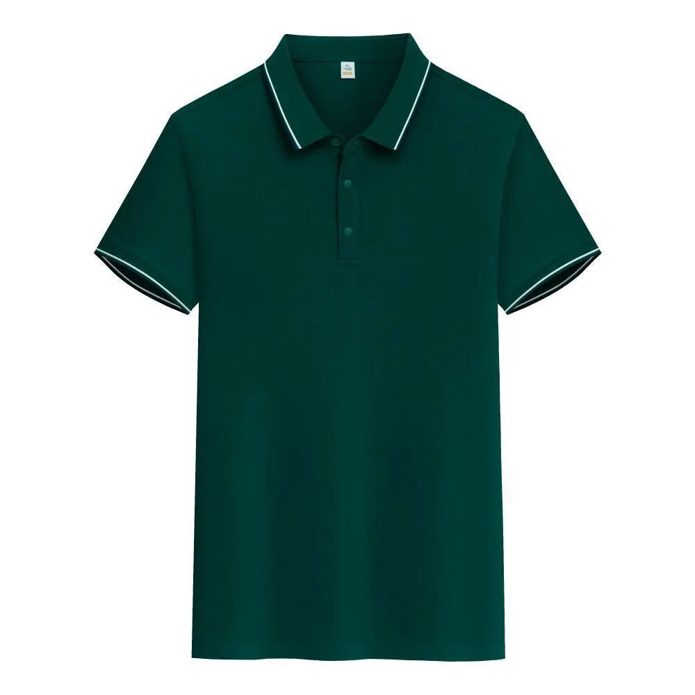 A pure cotton polo shirt with a lapel collar and short sleeves, shown in a light blue colour.