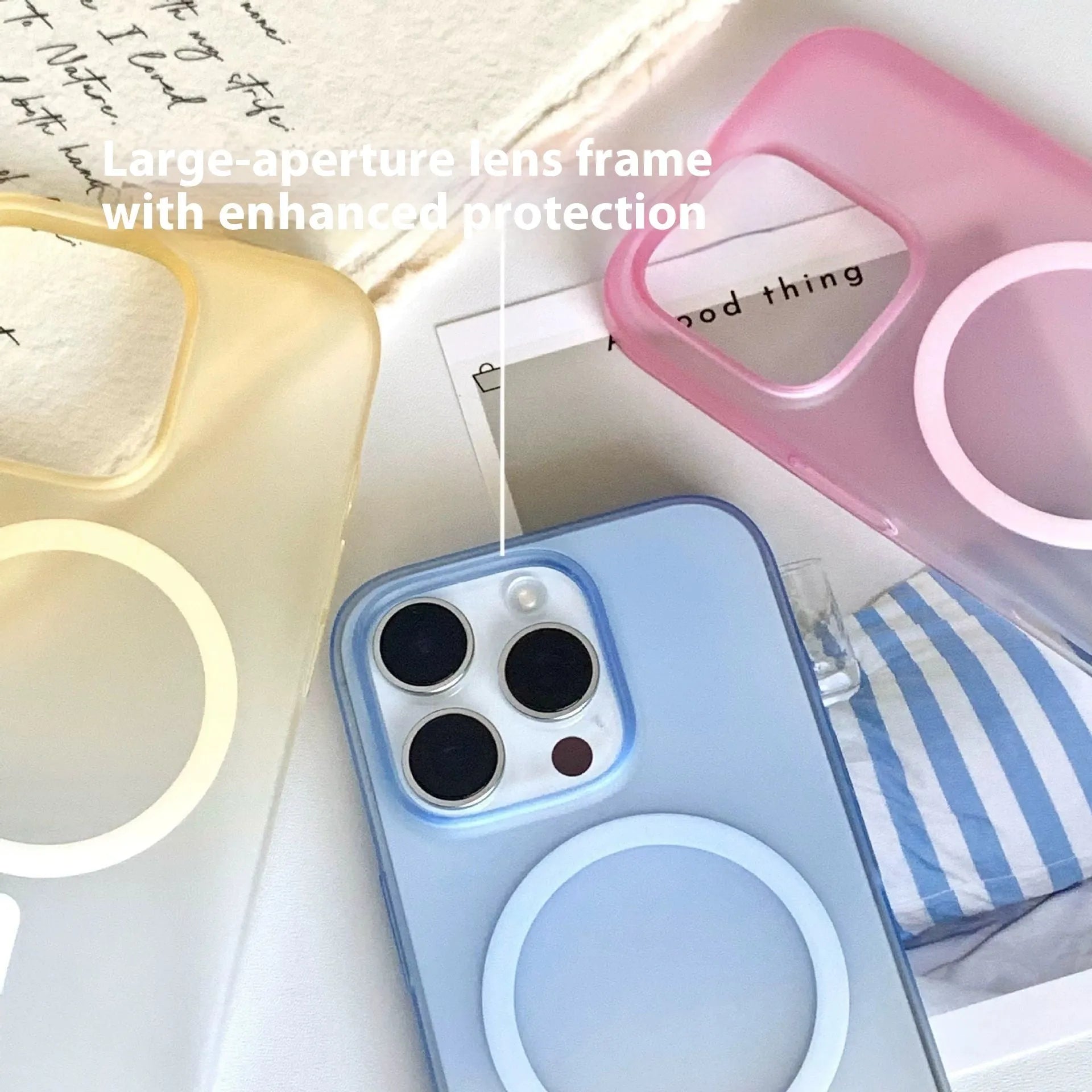 Frosted gradient blue magnetic suction phone case for iPhone, showing ultra-thin PC construction.
