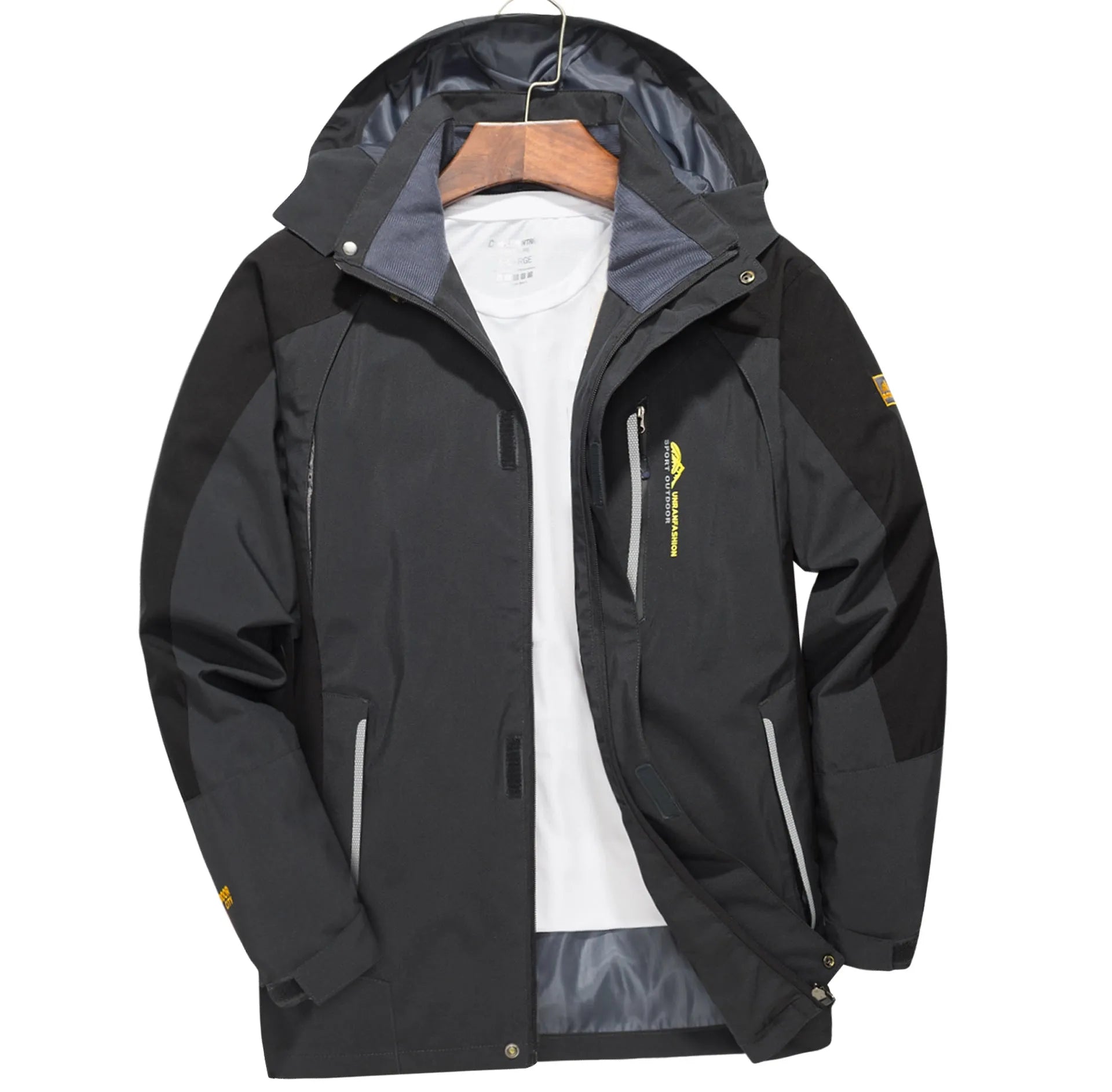 Men's windproof waterproof outdoor windbreaker thin jacket in solid colour, polyester fibre, front view