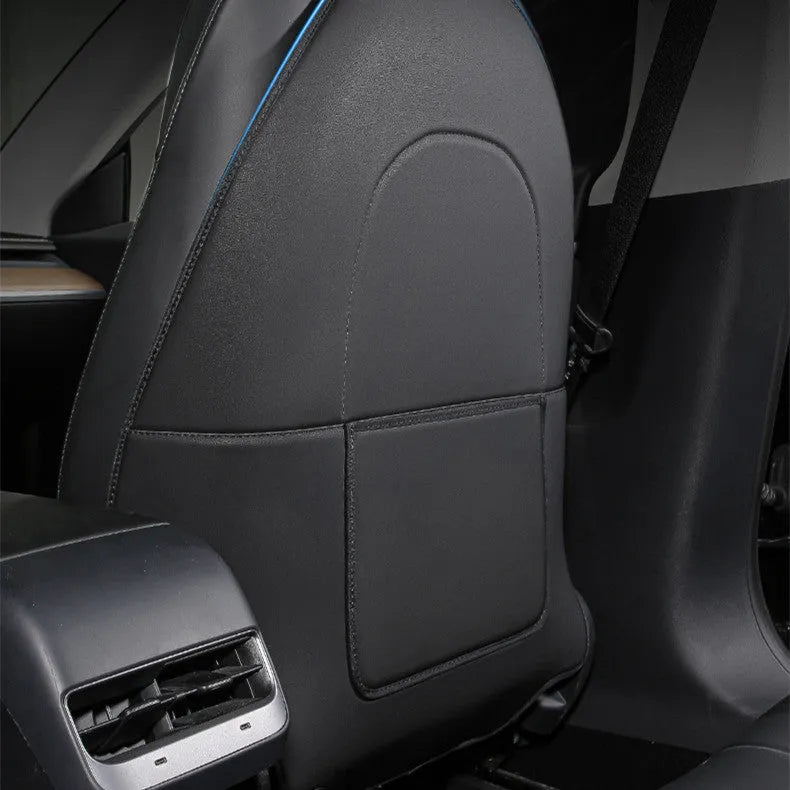 Two black leather rear anti kick pads for car seats, showing size and single pocket.