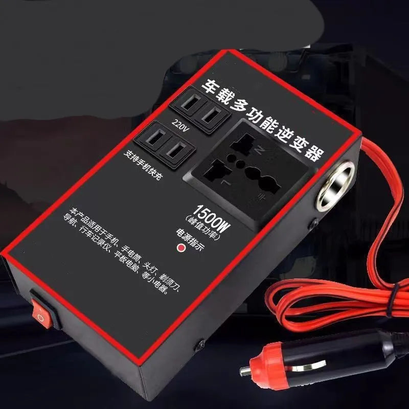 Black automotive 12V 24V to 220V power converter with AC socket and USB charging ports.