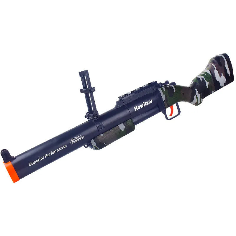 Three-piece Golden Ring Howitzer children's toy soft bullet gun set with plastic construction, includes gun, 20 bullets, and sling