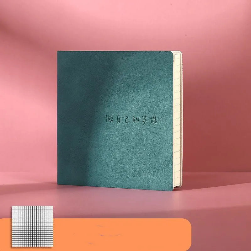 Square faux leather notebook with mesh cover, shown open on blank, checkered, and lined page options.
