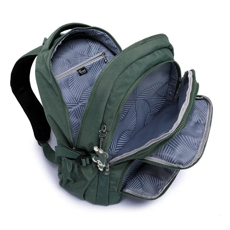 Nylon ultra light outdoor daily travel backpack with curved shoulder straps in olive green colour