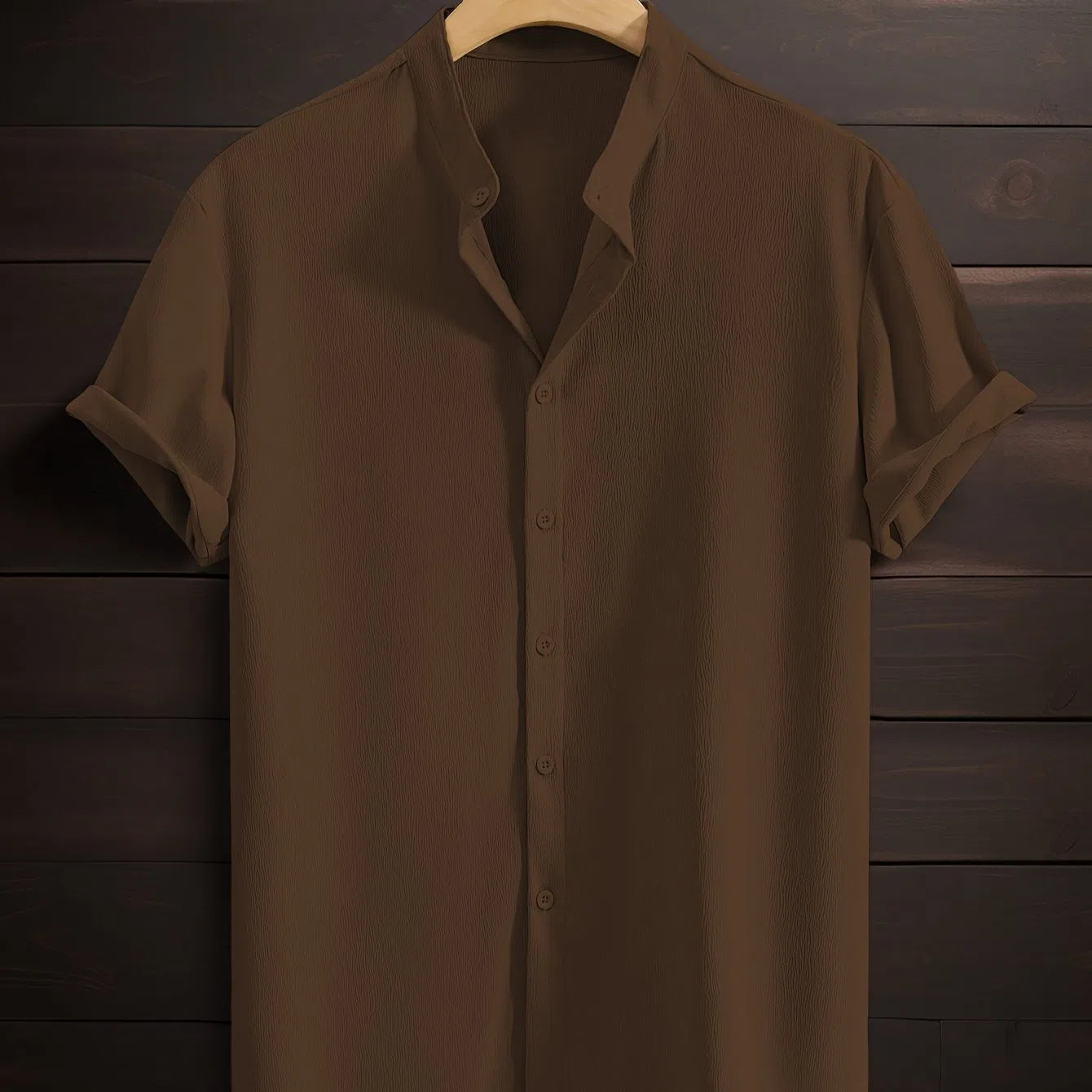 Men's casual breathable polyester stand collar short sleeve shirt in solid colour, loose fit, non-iron