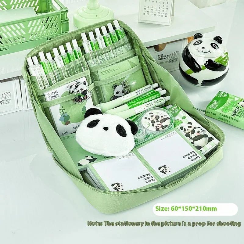 Green canvas pencil case with 12-layer panda design and multiple compartments for stationery organisation