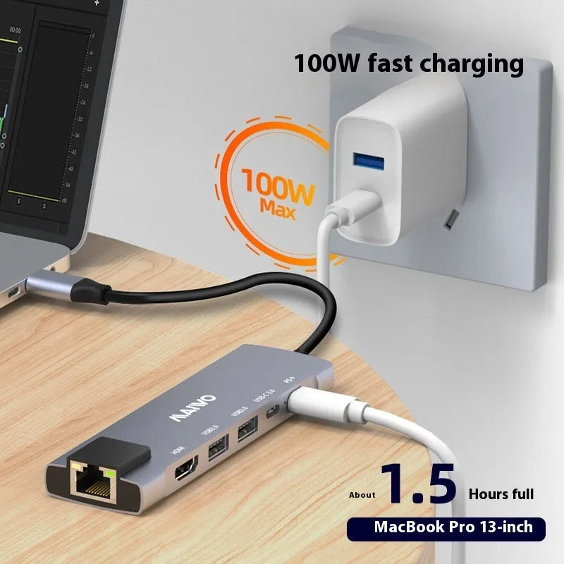 Steam Deck six-in-one docking station with aluminium shell showing Type-C, HDMI, ethernet, and USB ports