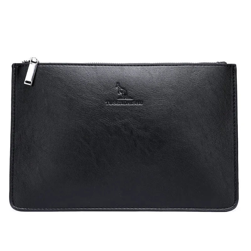 Men's soft PU leather clutch wallet with checkered pattern showing card slots and zipper pocket