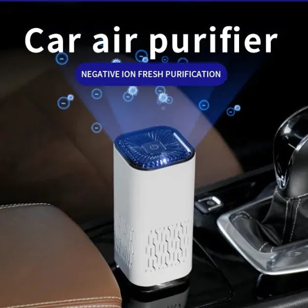 Portable car air purifier with double air inlets, black colour, 60x60x130mm size