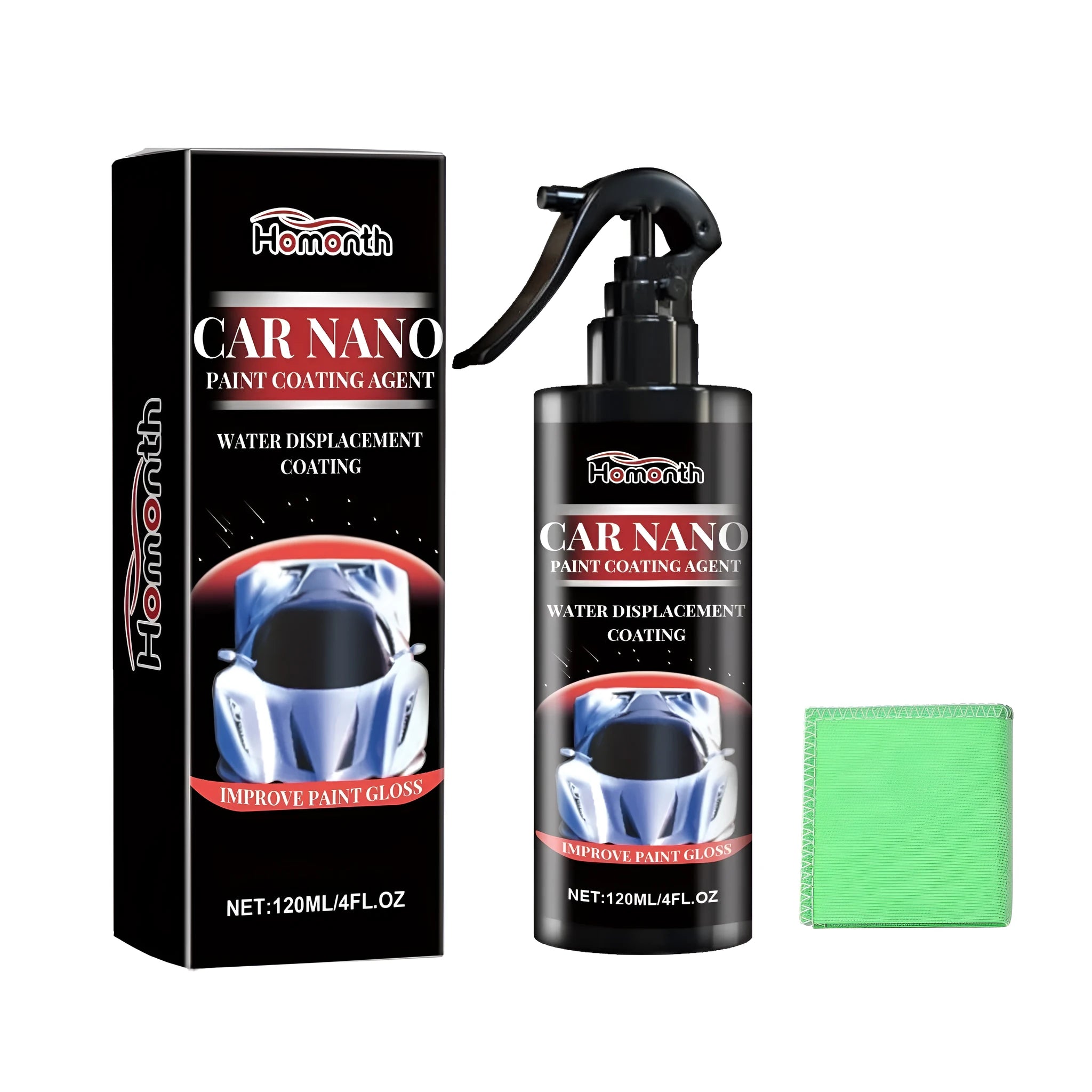 Car nano paint coating agent product with white bottle and blue label next to a folded white towel