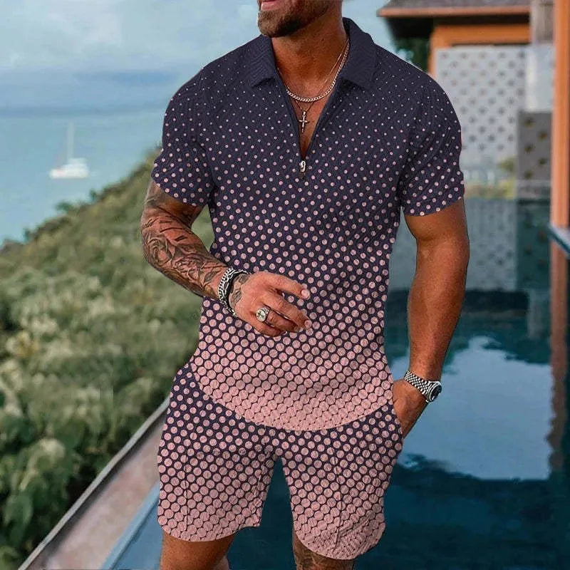 Men's summer mesh tracksuit set with short sleeve zip-up jacket and matching shorts in multiple colours