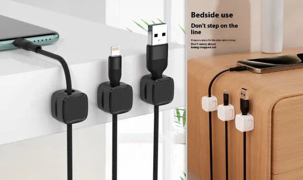 Magnetic cable management clips in white and black with adhesive backing