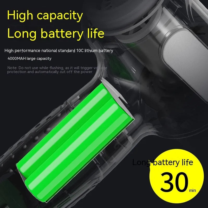 Black cordless handheld car vacuum cleaner with attached brush nozzle and charging cable.
