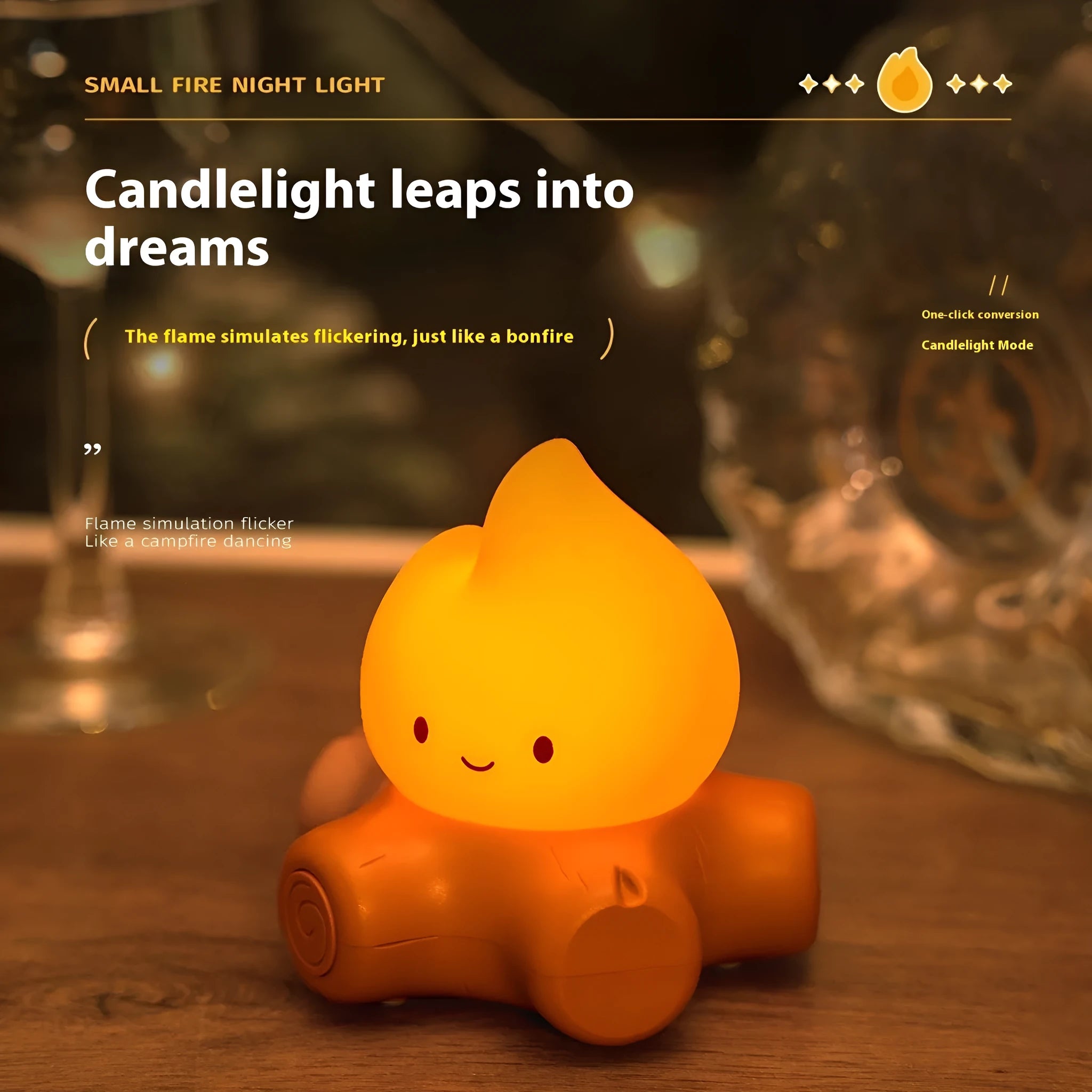Cartoon-style small fire pile silicone night lamp with yellow light display on dark surface