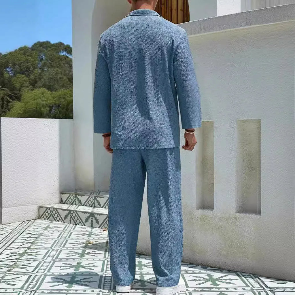 Men's casual commuter shirt trousers suit in polyester fabric available in four colours with Asian sizing