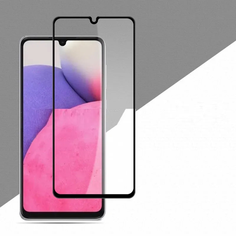 Black Samsung Galaxy A33 5G full screen tempered glass protective film front view