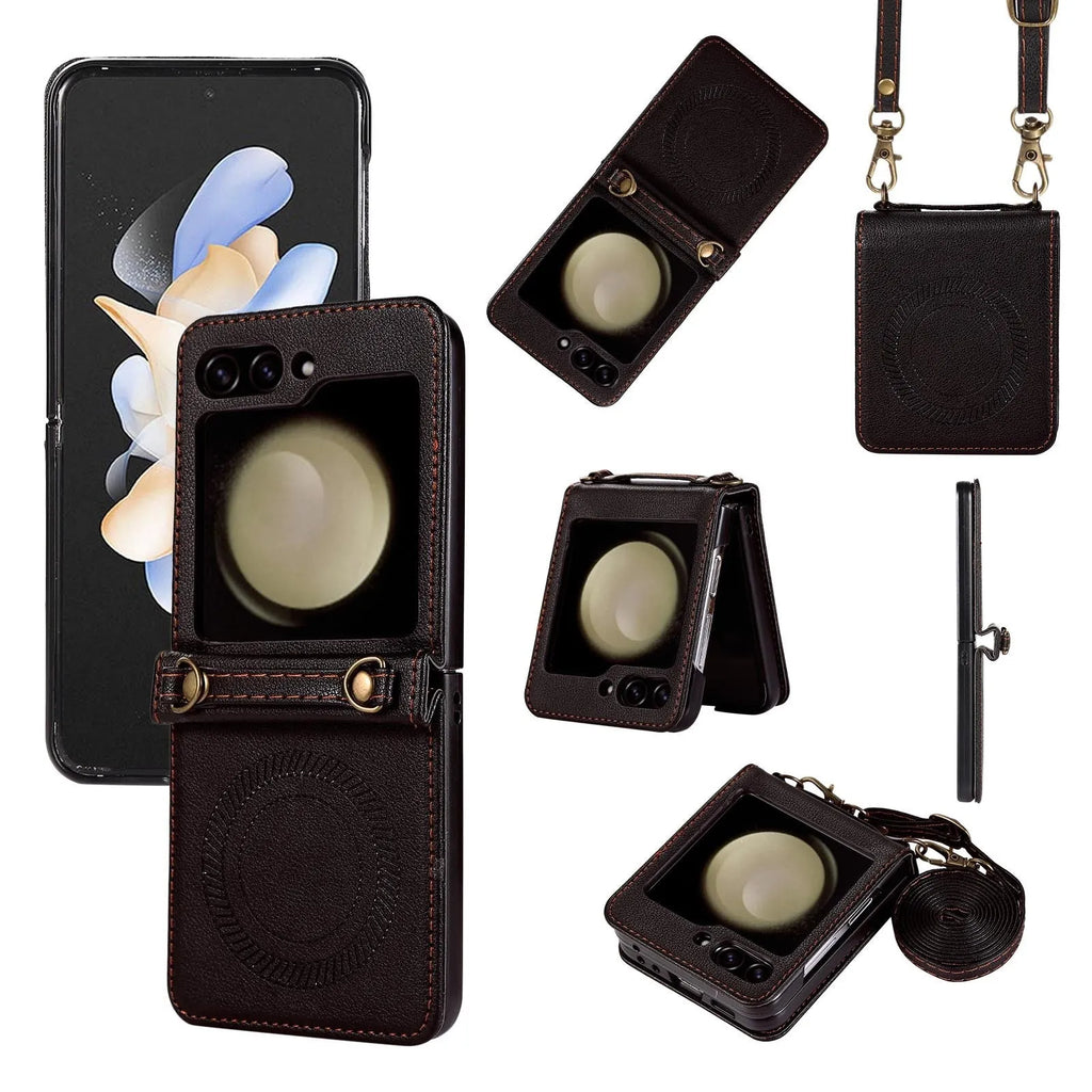 Wireless charging magnetic crossbody flip phone case for Samsung Z Flip 3 4 5 in black with lanyard