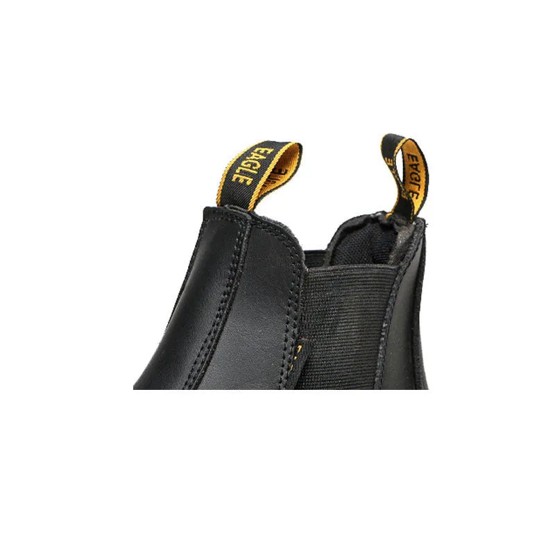 Black leather safety work boots with high-top design and anti-piercing function