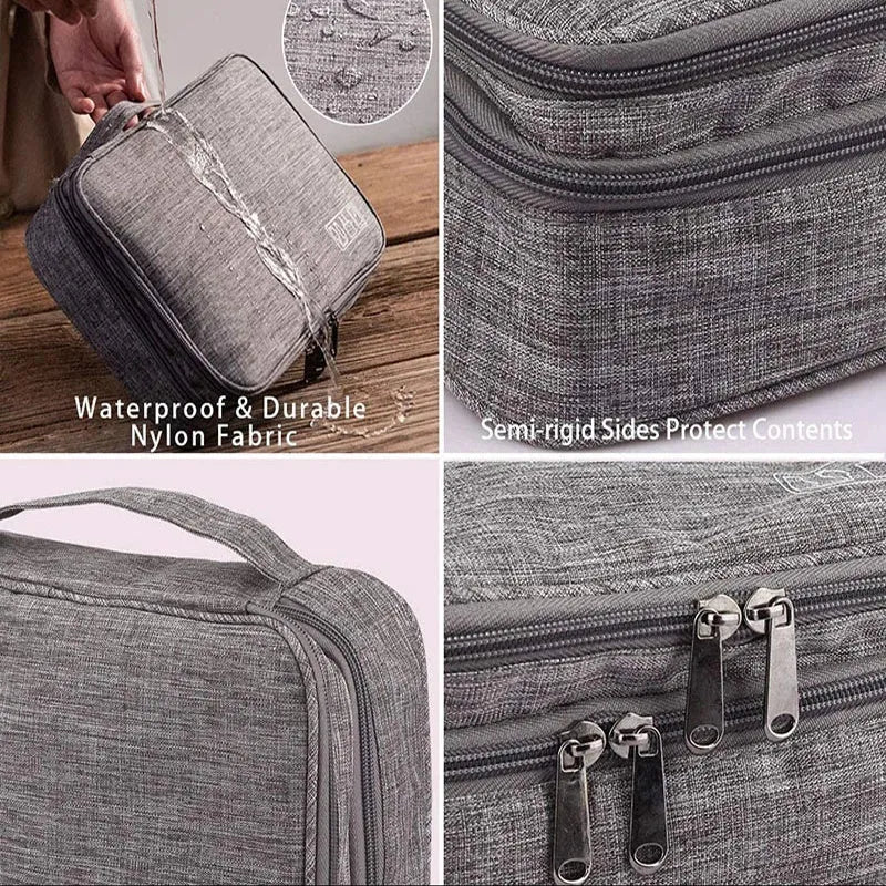 Gray waterproof double-layer electronics organizer bag with adjustable dividers and carrying handle, open to show elastic loops and mesh pockets