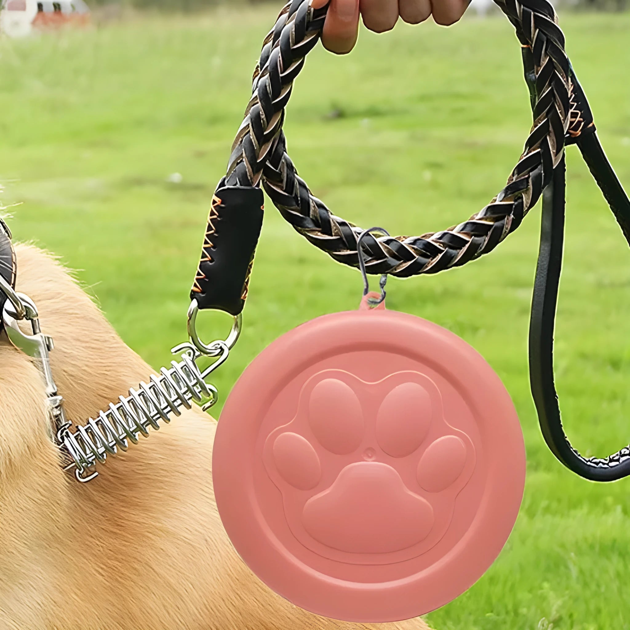 Portable outdoor dog food and water bowl in pink and green colour options.