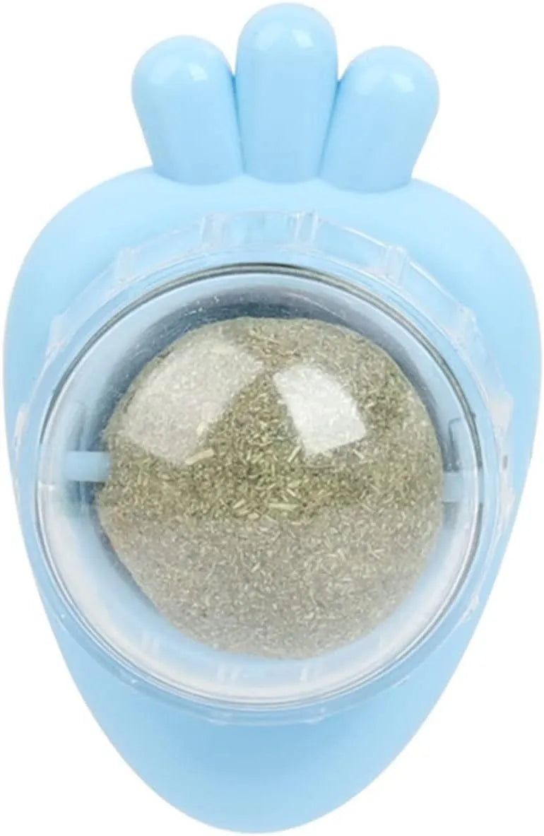 Blue carrot-shaped catnip toy with self-adhesive sticker for wall mounting and teeth cleaning