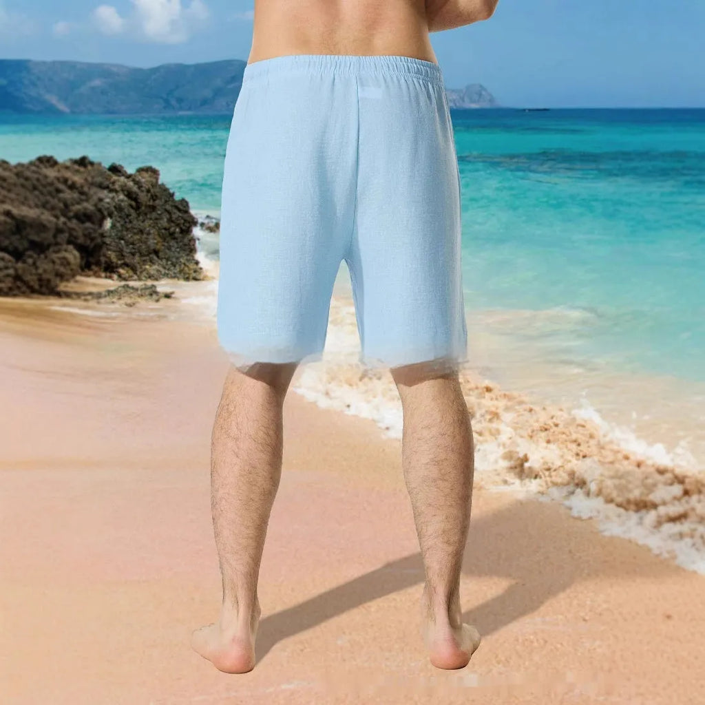 Men's blue digital print casual shorts with colour block pattern and lace-up waist closure