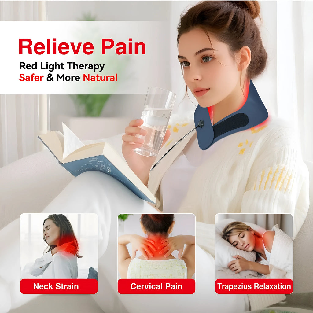 Deep sky blue neck massager mask with controller for red light hot compress and pulse physiotherapy