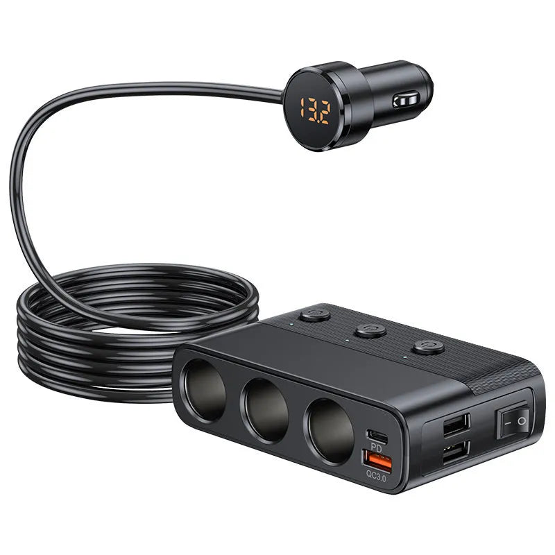Black multi-port car charger with USB, QC, and PD ports plugged into a vehicle cigarette lighter socket.