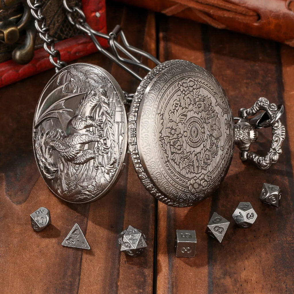 Bronze dice set with 3D carved pocket watch showing seven polyhedral metal dice inside zinc alloy case