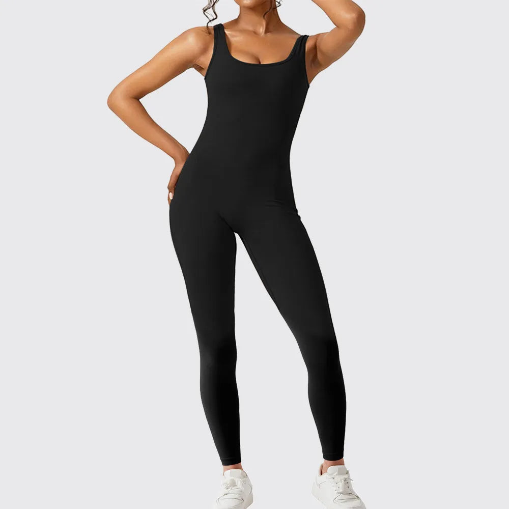Women's sleeveless flare jumpsuit for yoga fitness in high elasticity polyester fabric