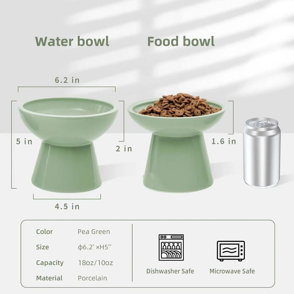 Ceramic elevated cat food bowl with wide shallow design in blue colour