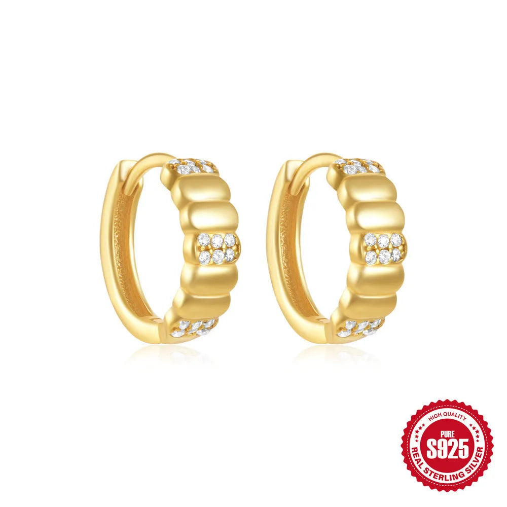 Small round geometric sterling silver stud earrings with diamond accents in gold or silver finish