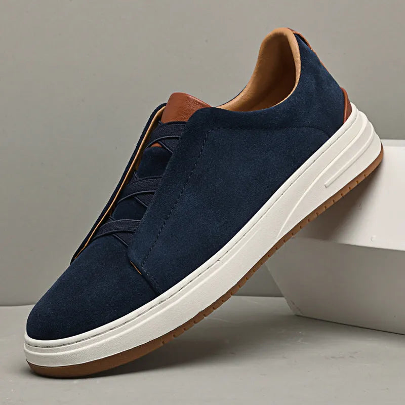 Men's suede casual shoes in khaki with genuine cowhide leather, elastic band, and round head design