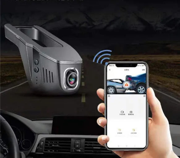 V4 WiFi driving recorder in red colour hidden behind rearview mirror with 140° wide-angle lens