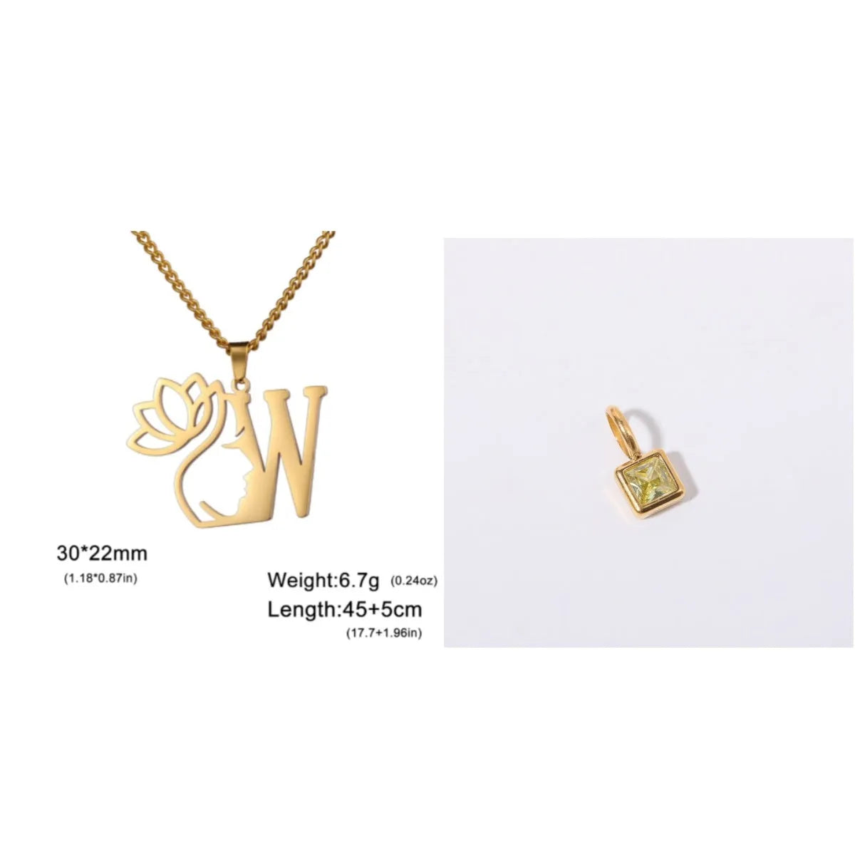 Stainless steel necklace with cross chain and a single initial pendant in a gold or silver finish.