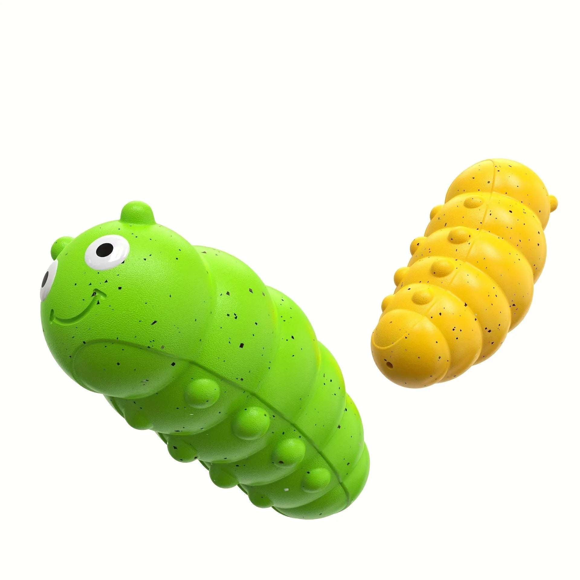 Green and yellow teething dog toy with weird barking bug sound for small dogs