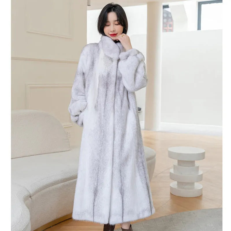 White women's faux fur coat with stand-up collar, 80 cm length, regular sleeves