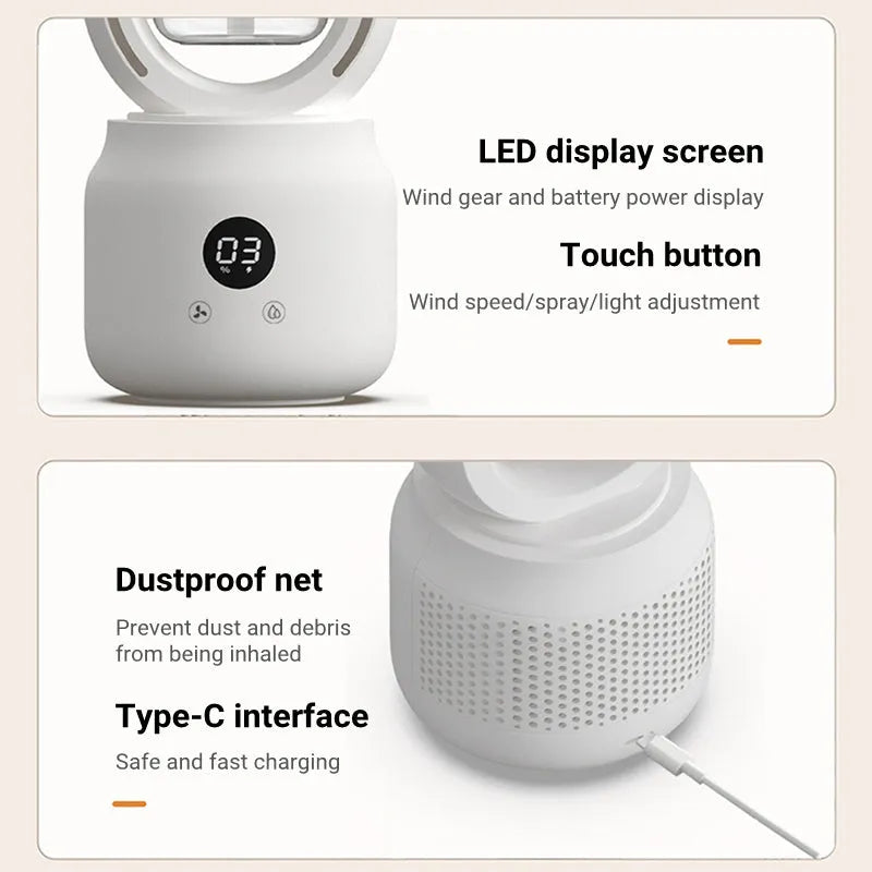White bladeless table fan with water tank and USB port on a wooden desk.