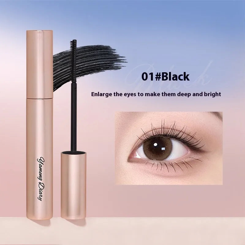 Long curling mascara tube with applicator brush in black or brown colour options for eyelash definition