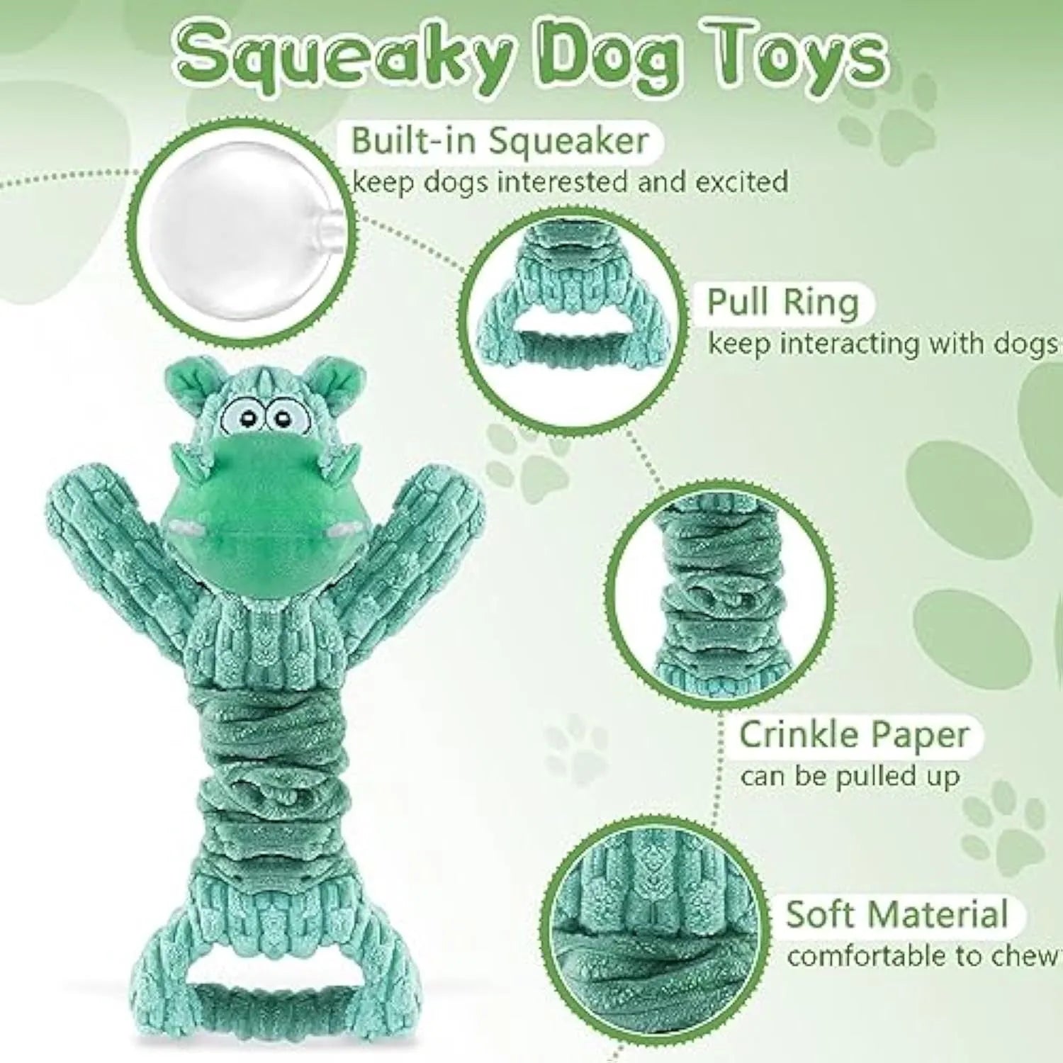 Large squeaky plush dog toy with handle and crinkle paper for interactive play
