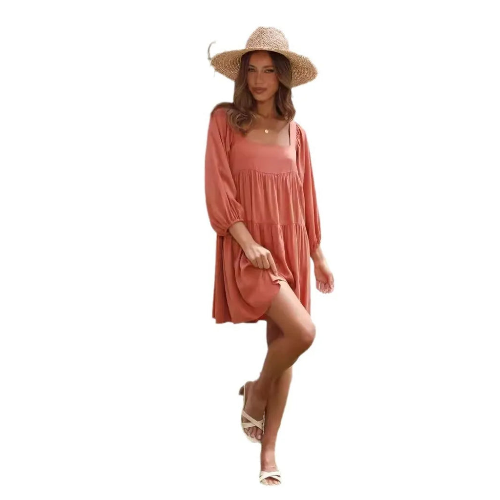 Children pullover square collar puff sleeve backless A-line dress in solid colour, artistic retro style