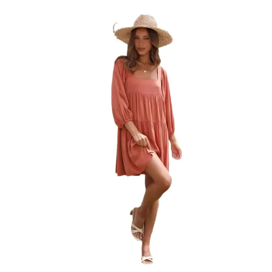 Children pullover square collar puff sleeve backless A-line dress in solid colour, artistic retro style