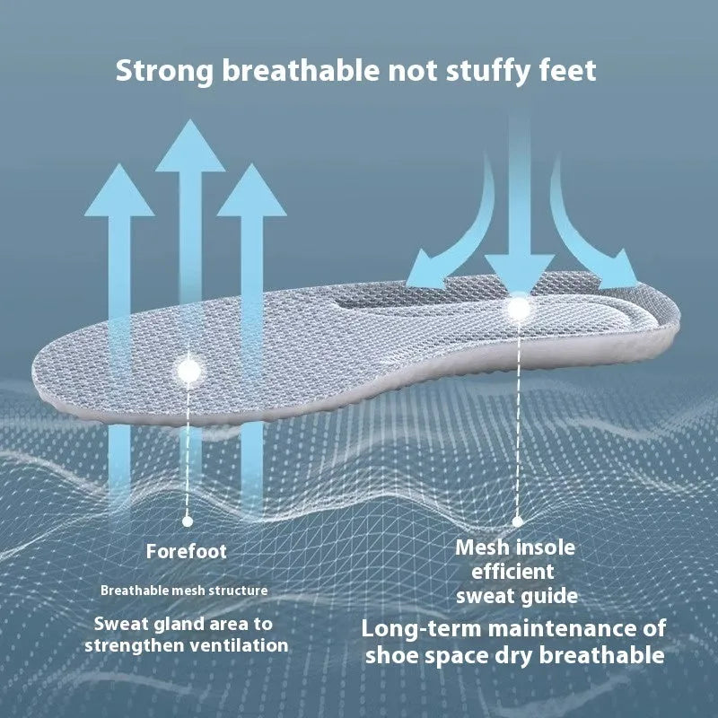 Breathable deodorant sports insoles in grey, black, and orange colours on a white background.