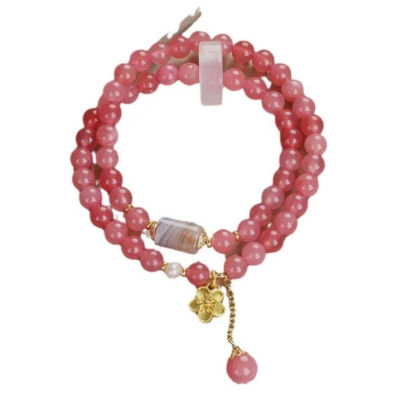 Natural pink chalcedony agate beaded bracelet with auspicious pattern for women