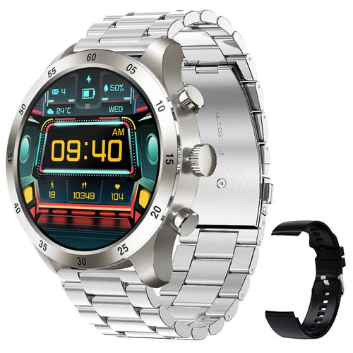 Black Bluetooth smart watch for Apple iOS with a steel strap, showing call and health monitoring functions on its display.