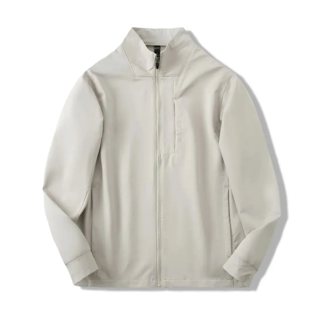 Men's black stand collar polyester sports casual jacket with long sleeves and straight hem